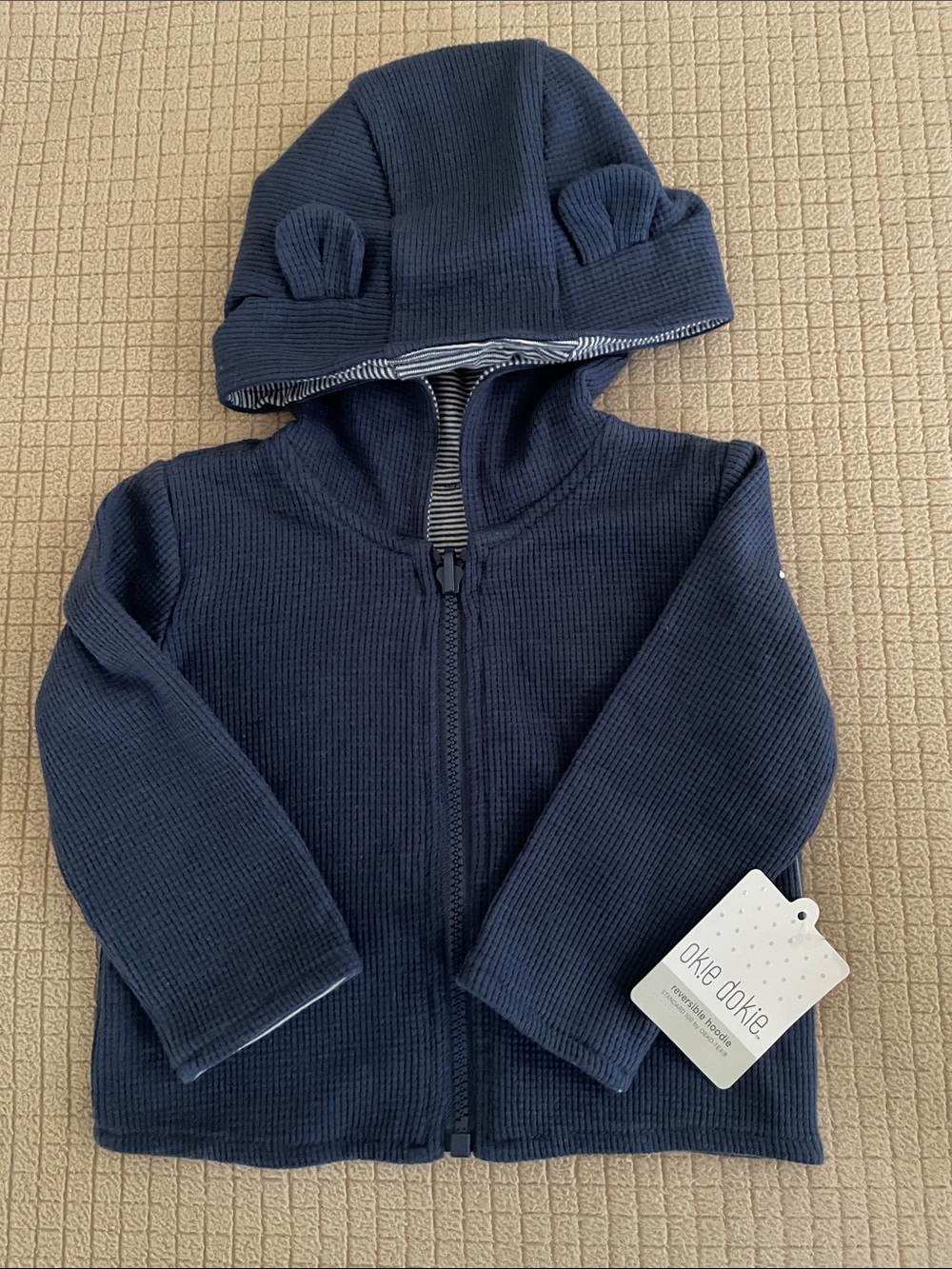 Okie Dokie Navy Blue Reversible Hooded Zip Jacket with Ear Details 9 Mo. NWT!